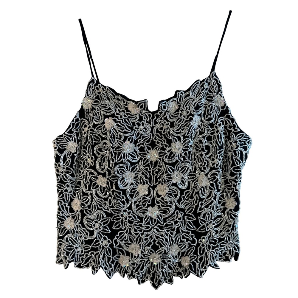 Sean Collection Silk Beaded Cami Top Floral Sequin Going Out Tank Black White M